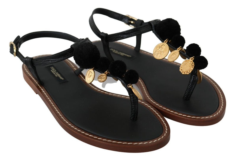 Black Leather Coins Flip Flops Sandals Shoes