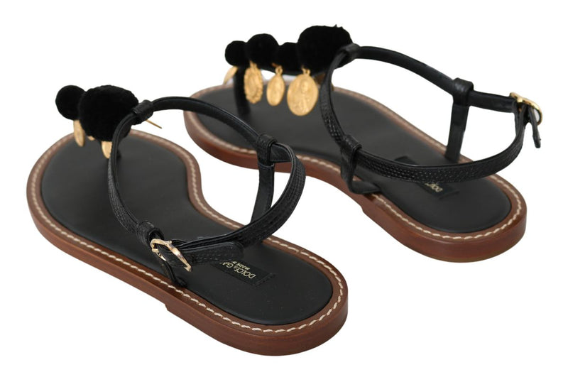 Black Leather Coins Flip Flops Sandals Shoes