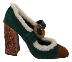 Green Suede Fur Shearling Mary Jane Shoes