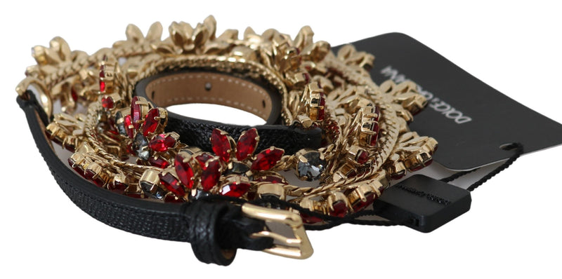 Black Leather Red Floral Motif Crystals Belt