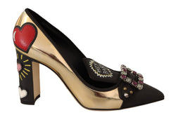 Gold Black Leather Crystal Heart Pumps