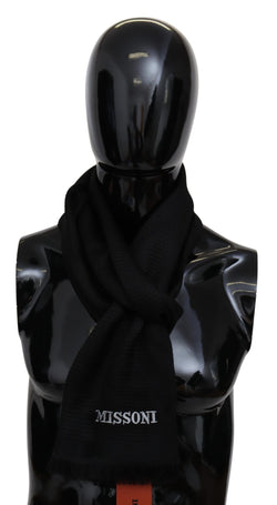 Black Wool Blend Unisex Neck Wrap Fringes Scarf