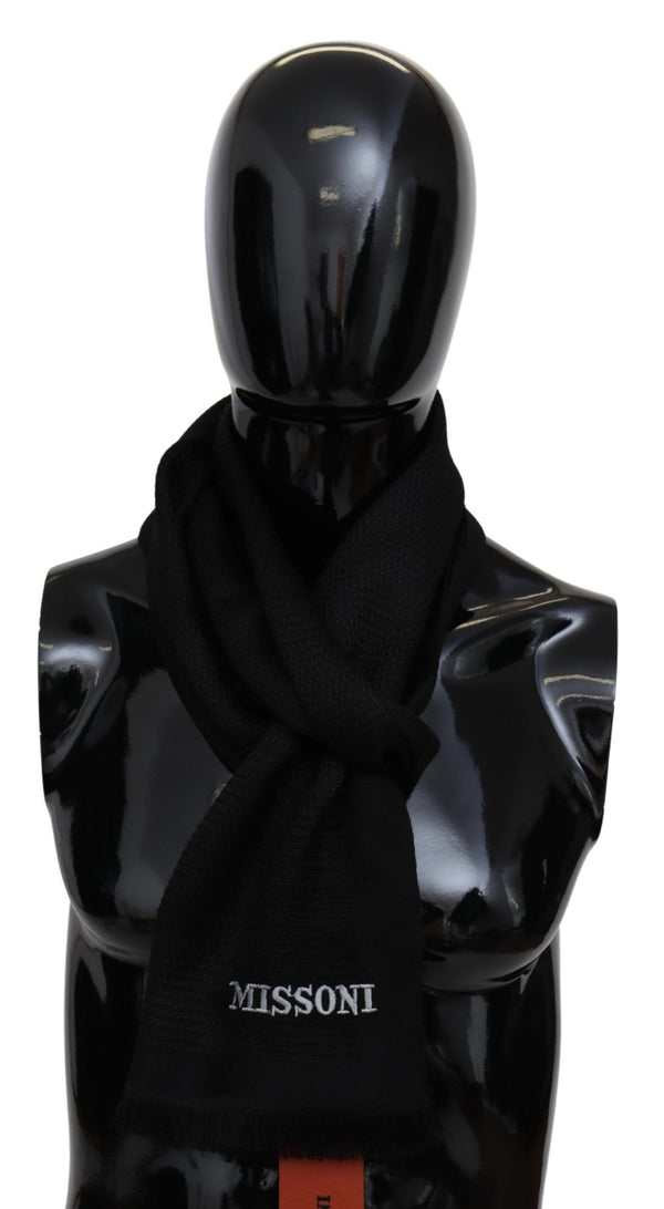 Black Wool Blend Unisex Neck Wrap Fringes Scarf