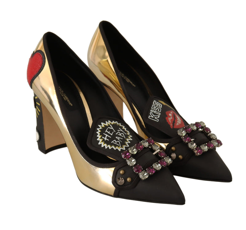 Gold Black Leather Crystal Heart Pumps