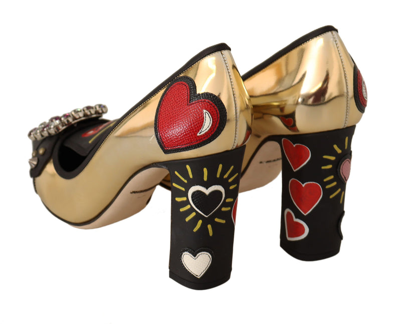 Gold Black Leather Crystal Heart Pumps