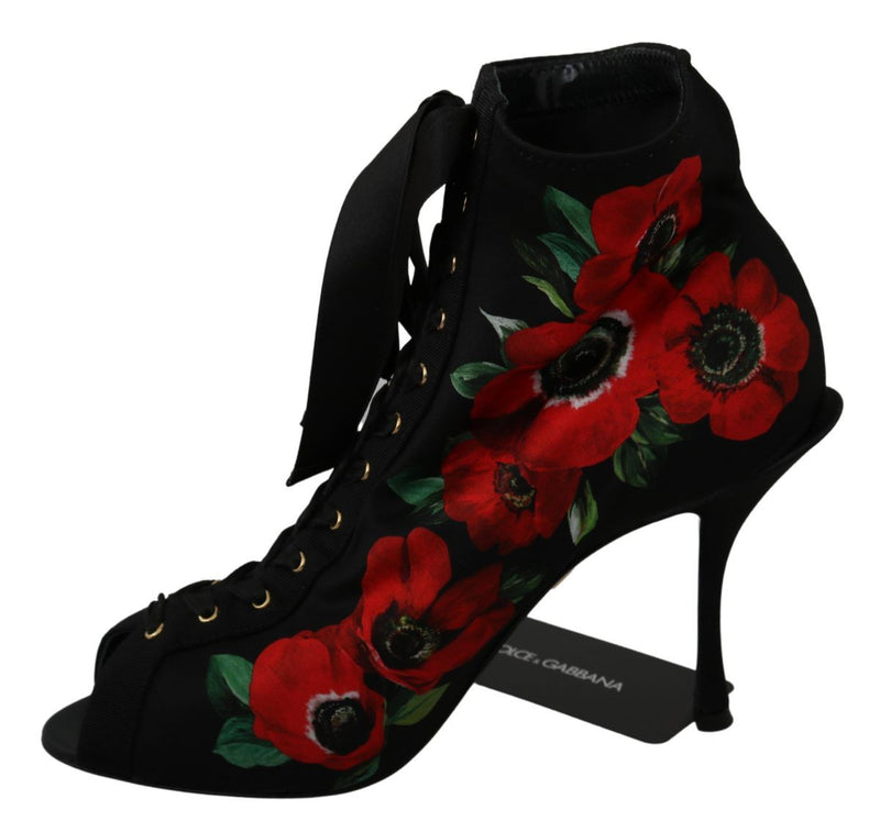 Black Red Roses Ankle Booties Shoes