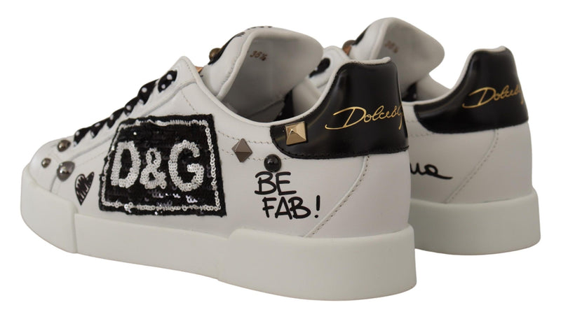 White Leather D&G Sequin Sneakers Shoes