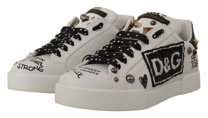 White Leather D&G Sequin Sneakers Shoes