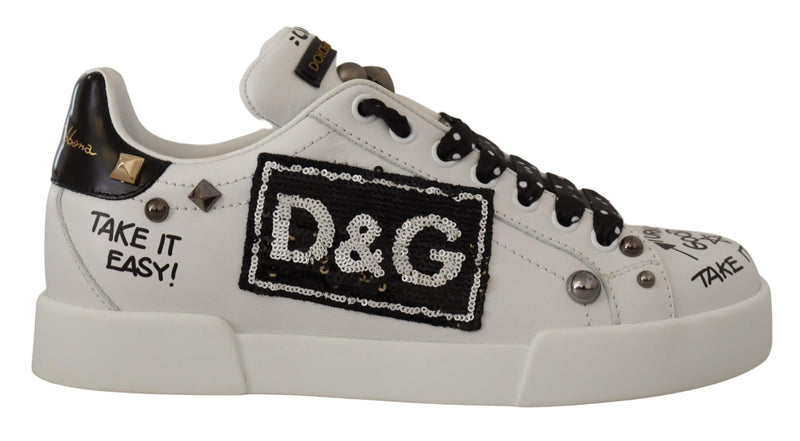 White Leather D&G Sequin Sneakers Shoes