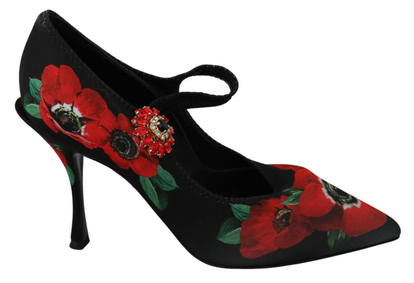 Black Red Floral Mary Janes Pumps Shoes