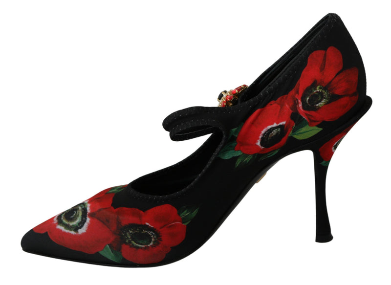 Black Red Floral Mary Janes Pumps Shoes