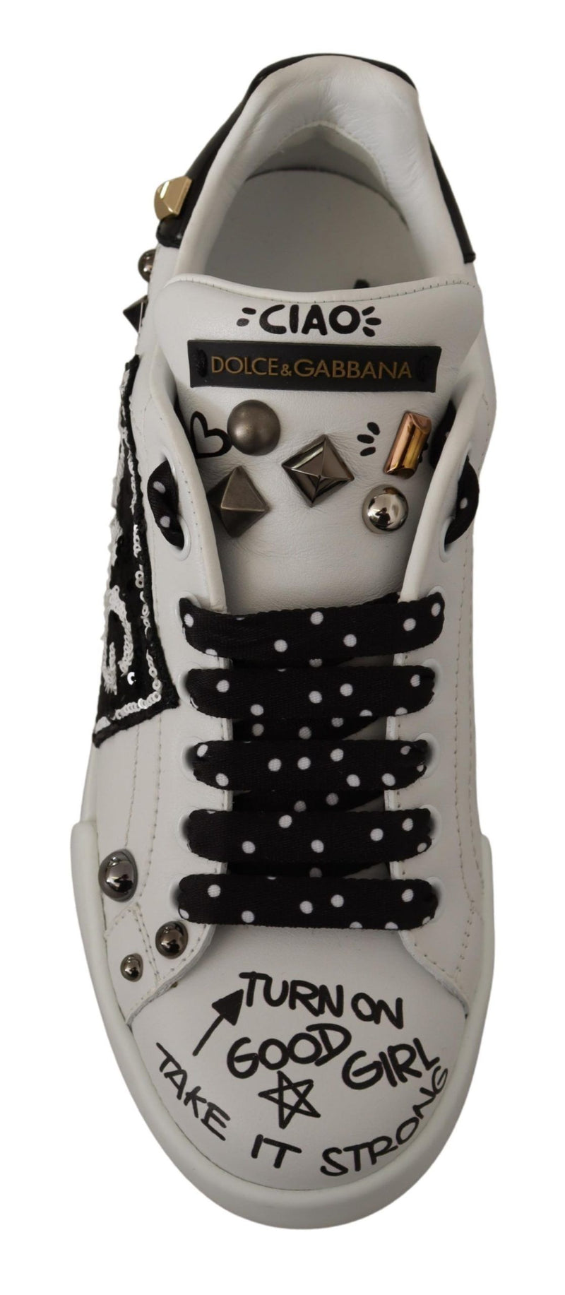 White Leather D&G Sequin Sneakers Shoes