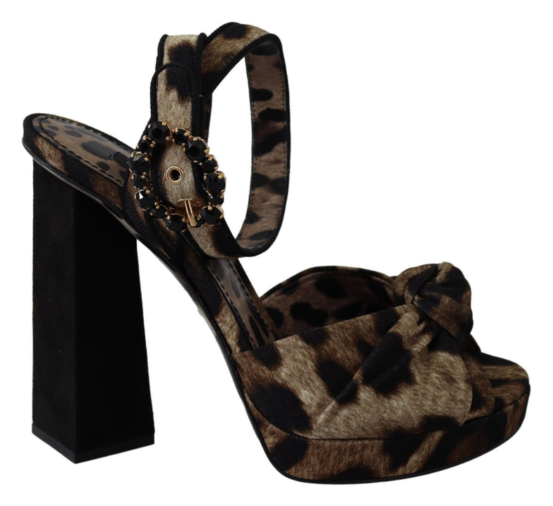 Brown Crystal Ankle Strap Leopard Sandals Shoes