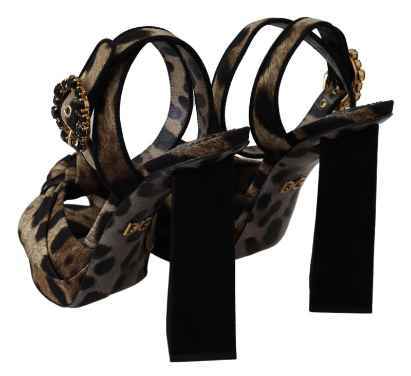 Brown Crystal Ankle Strap Leopard Sandals Shoes