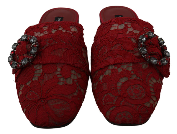 Red Lace Crystal Slide On Flats Shoes