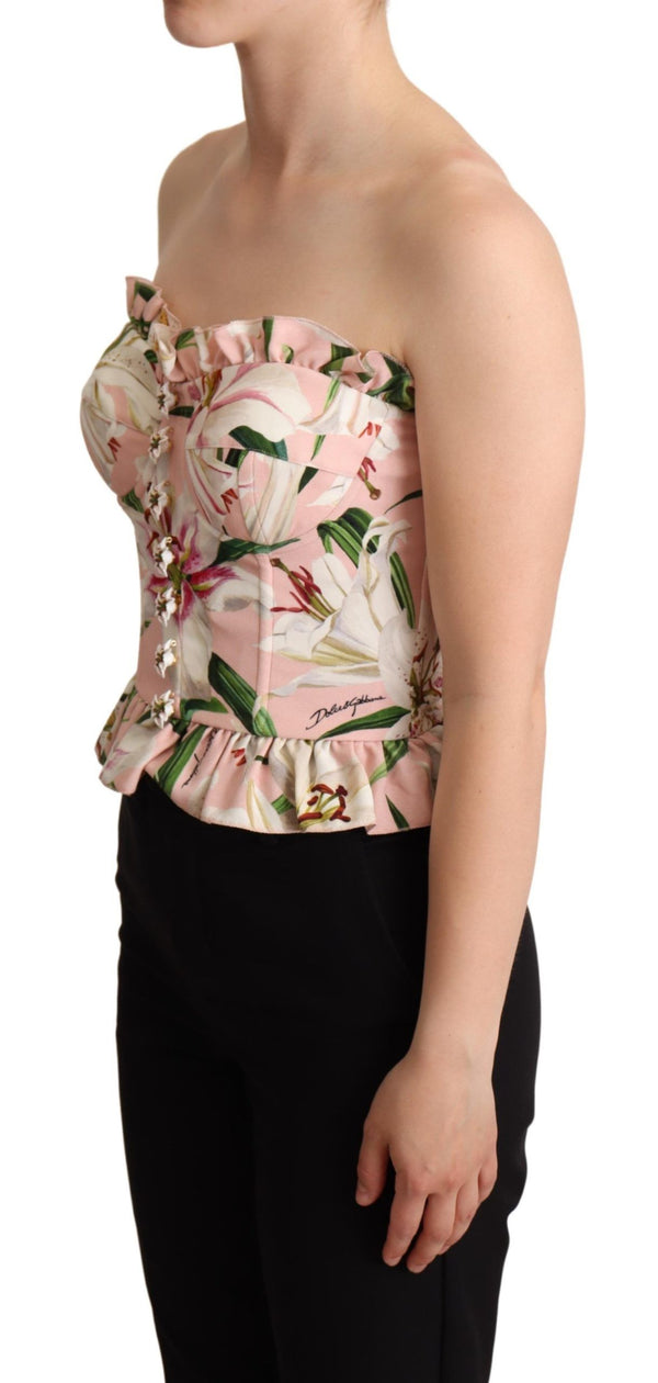 Pink Bustier Floral Appliques Blouse Top