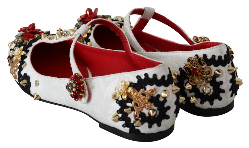 White Jacquard Ballerina Flats Crystal Shoes