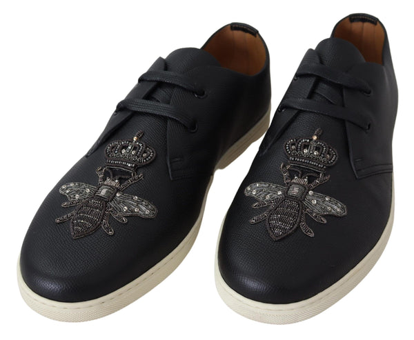 Black Leather Bee Crown Loafers Sneakers Shoes