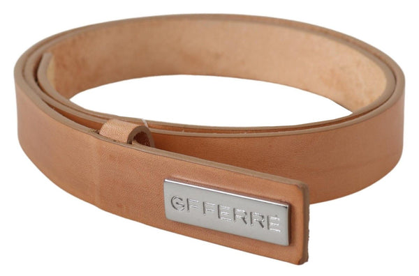 Brown Leather Slim Silver Logo Buckle Belt