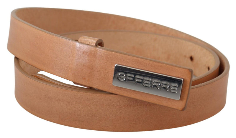 Brown Leather Slim Silver Logo Buckle Belt