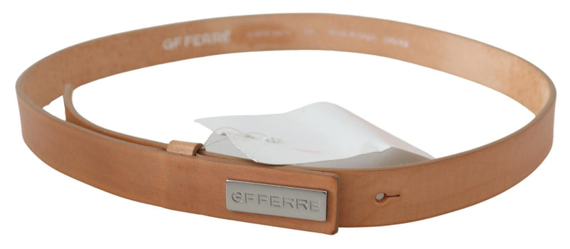 Brown Leather Slim Silver Logo Buckle Belt