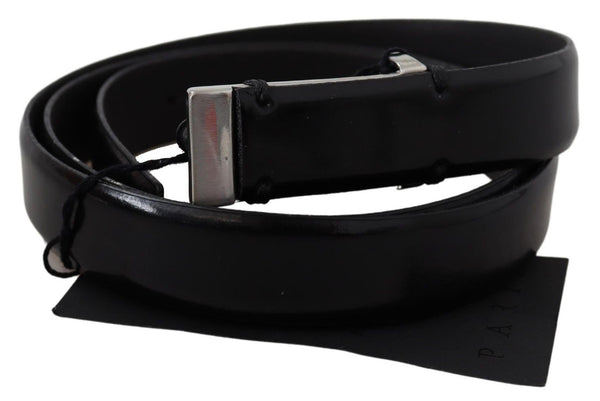 Black Leather Silver Chrome Metal Buckle Belt