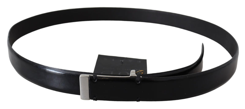 Black Leather Silver Chrome Metal Buckle Belt