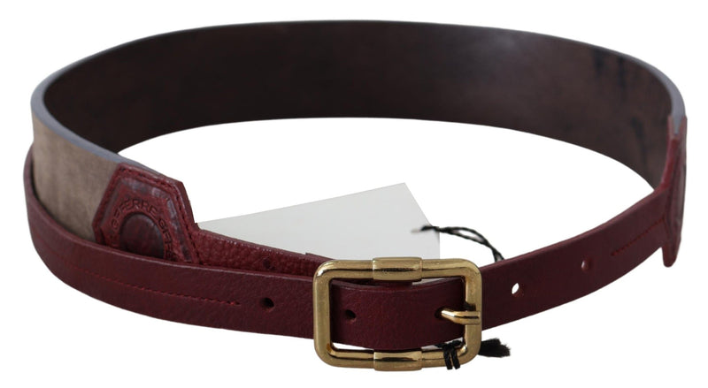 Brown Leather Wide Gold Chrome Logo Buckle Belt