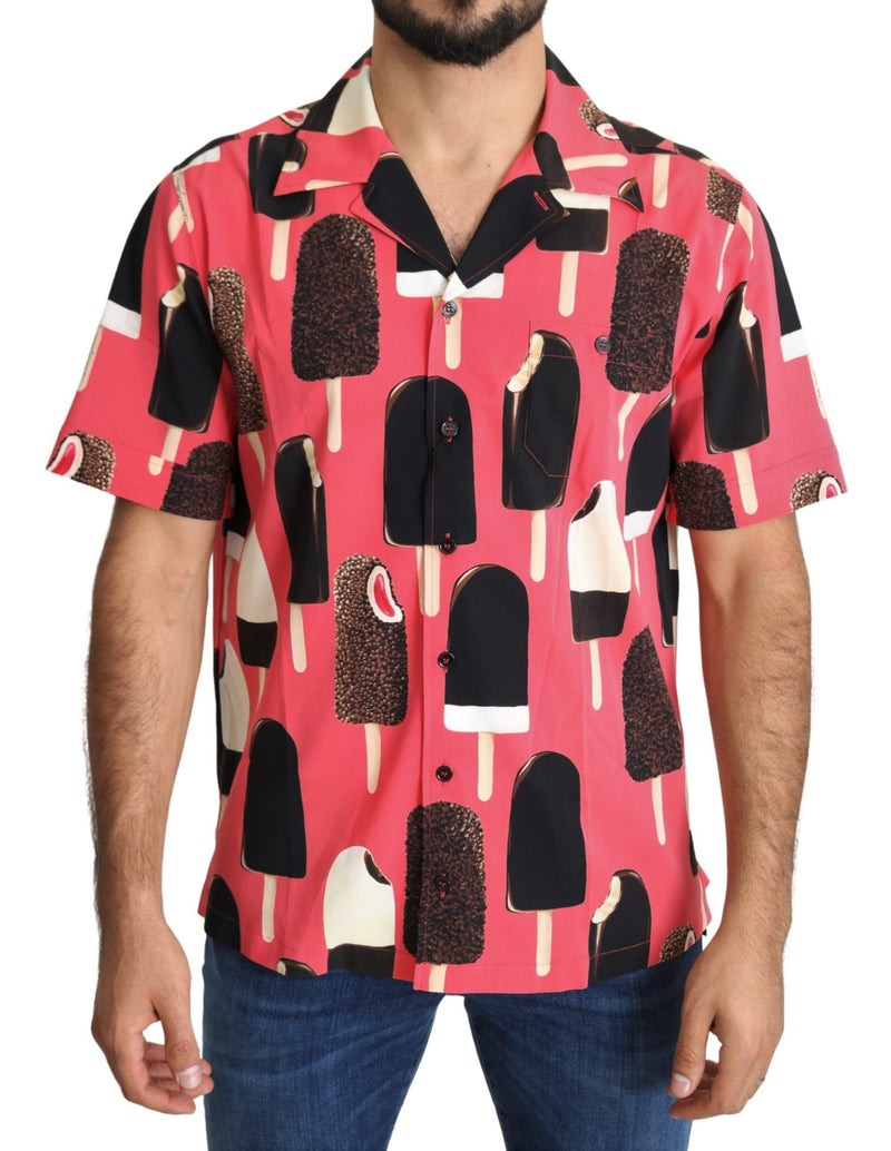 Pink Ice Cream Print Mens Casual Silk Shirt