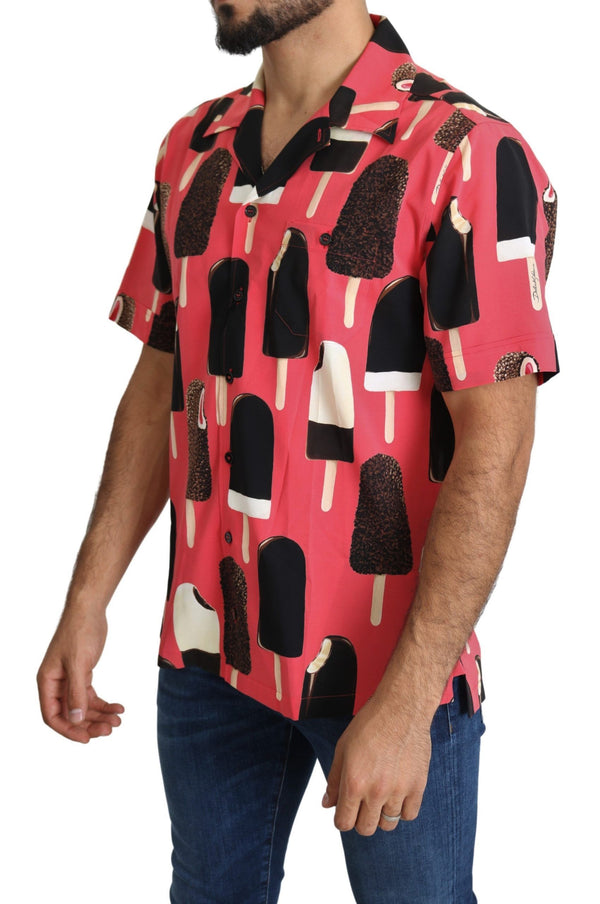 Pink Ice Cream Print Mens Casual Silk Shirt