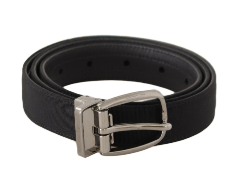 Black Grosgrain Leather Silver Tone Metal Buckle Belt