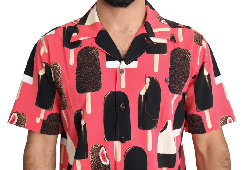 Pink Ice Cream Print Mens Casual Silk Shirt