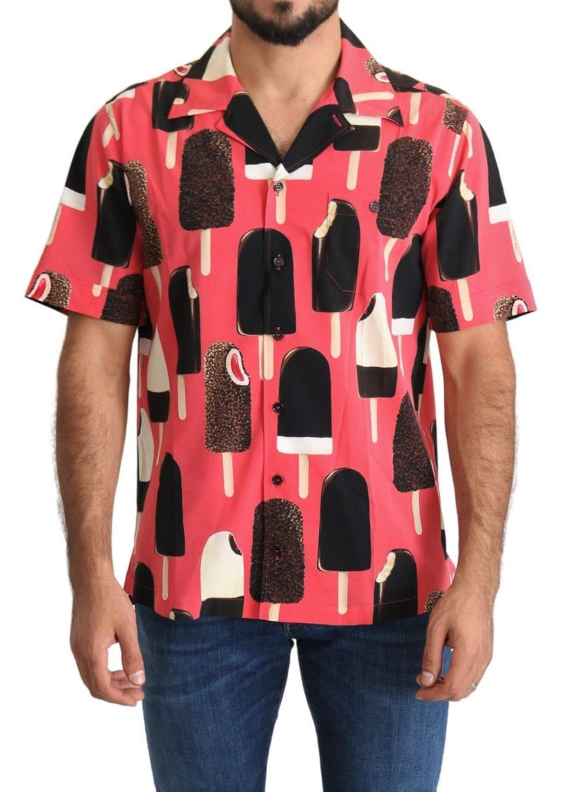 Pink Ice Cream Print Mens Casual Silk Shirt