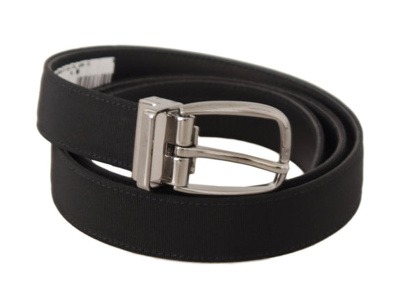 Black Grosgrain Leather Silver Tone Metal Buckle Belt