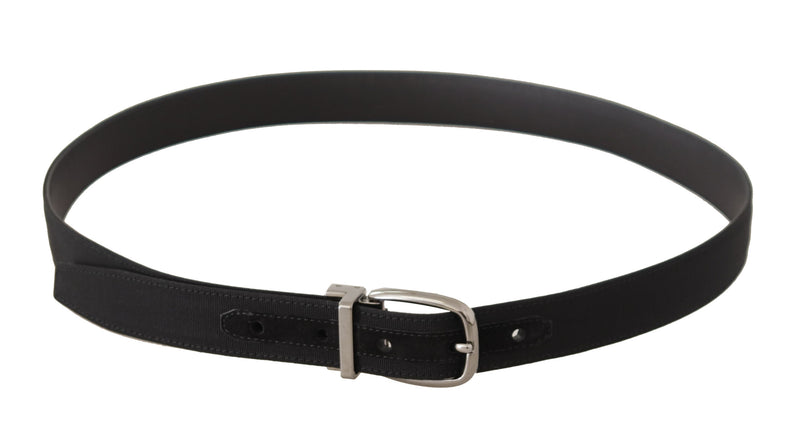 Black Grosgrain Leather Silver Tone Metal Buckle Belt