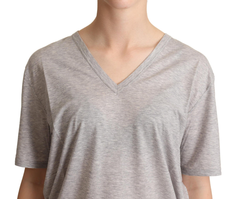 Gray Solid 100% Cotton V-neck Top T-shirt