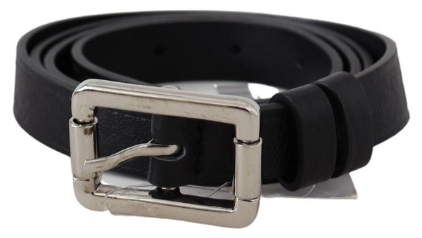 Black Leather Silver Chrome Buckle Belt