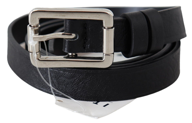 Black Leather Silver Chrome Buckle Belt