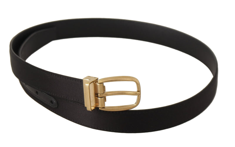 Black Silk Leather Gold Tone Metal Buckle Belt