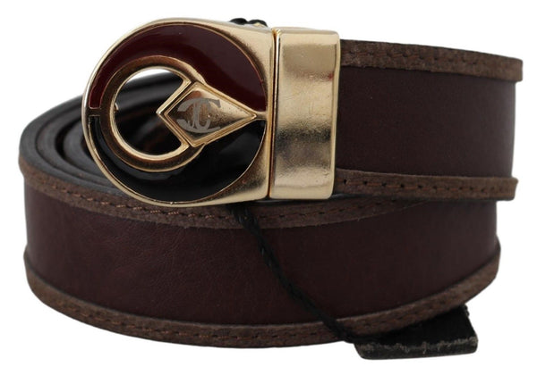 Brown Leather Gold Logo Circle Metal Buckle Belt