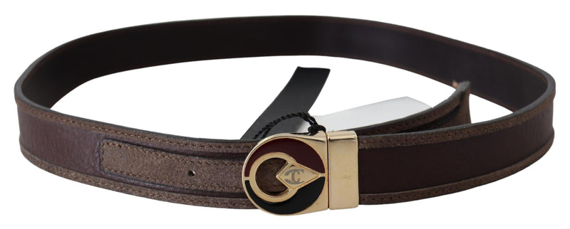 Brown Leather Gold Logo Circle Metal Buckle Belt