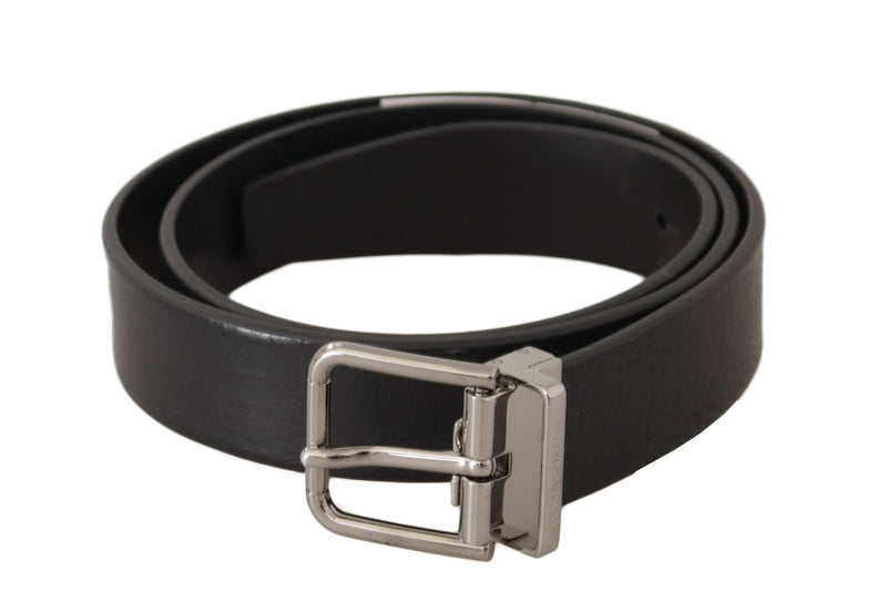 Black Calf Leather Silver Tone Metal Buckle Belt