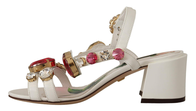 White Leather Roses Crystal Shoes Sandals