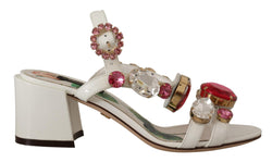 White Leather Roses Crystal Shoes Sandals