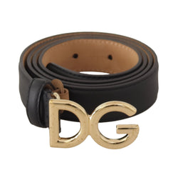 Black Leather Gold Tone DG Logo Metal Buckle Belt