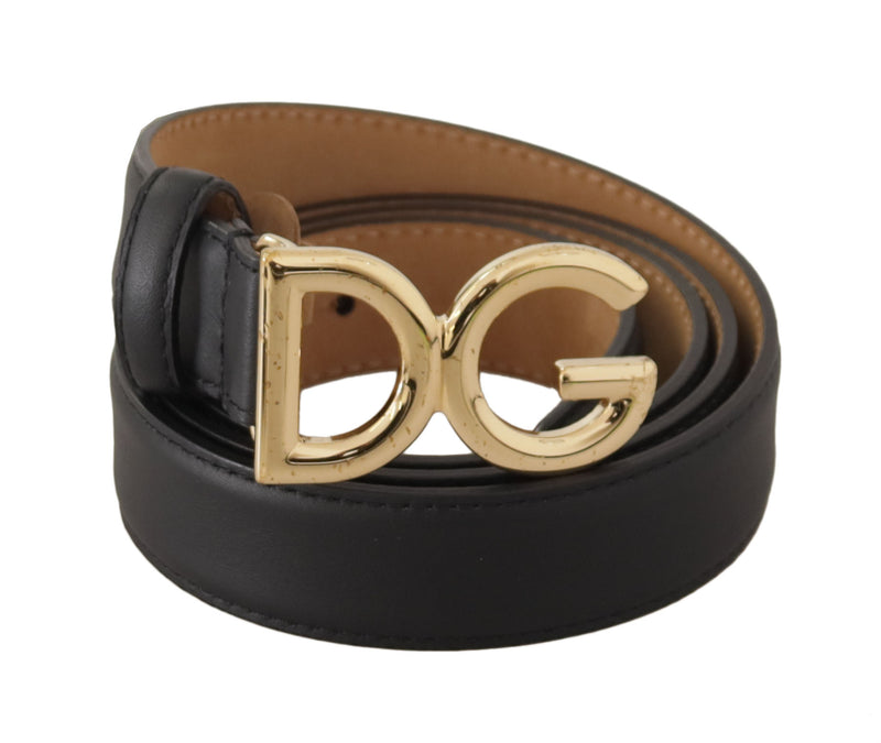 Black Leather Gold Tone DG Logo Metal Buckle Belt