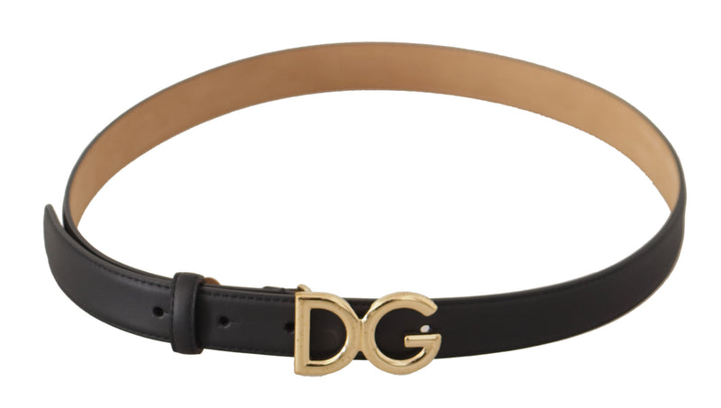 Black Leather Gold Tone DG Logo Metal Buckle Belt