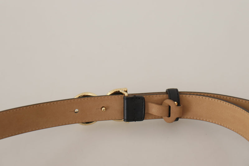 Black Leather Gold Tone DG Logo Metal Buckle Belt