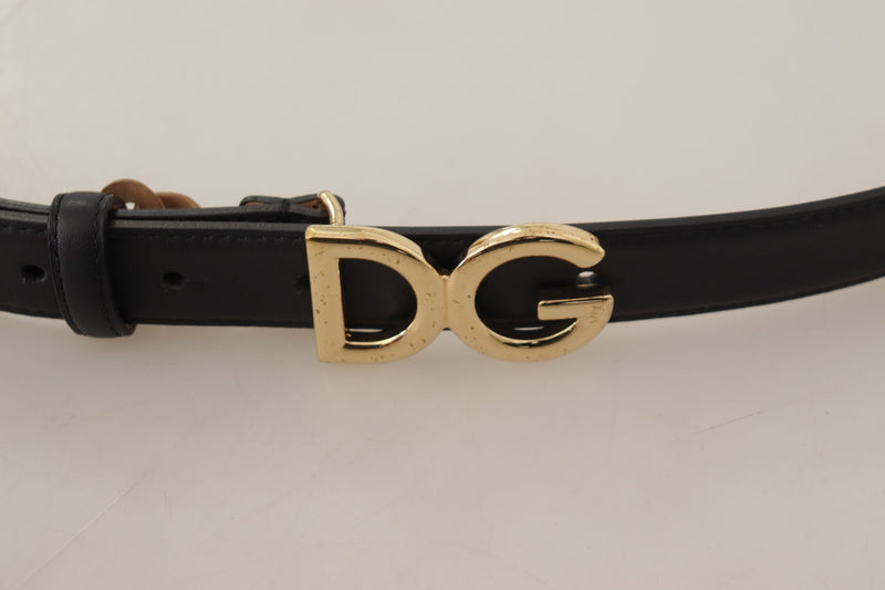 Black Leather Gold Tone DG Logo Metal Buckle Belt