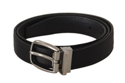 Black Calf Leather Silver Logo Metal Buckle Belt